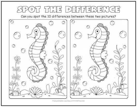 Seahorse spot the difference picture puzzle coloring for kids free spot the difference kids picture puzzles