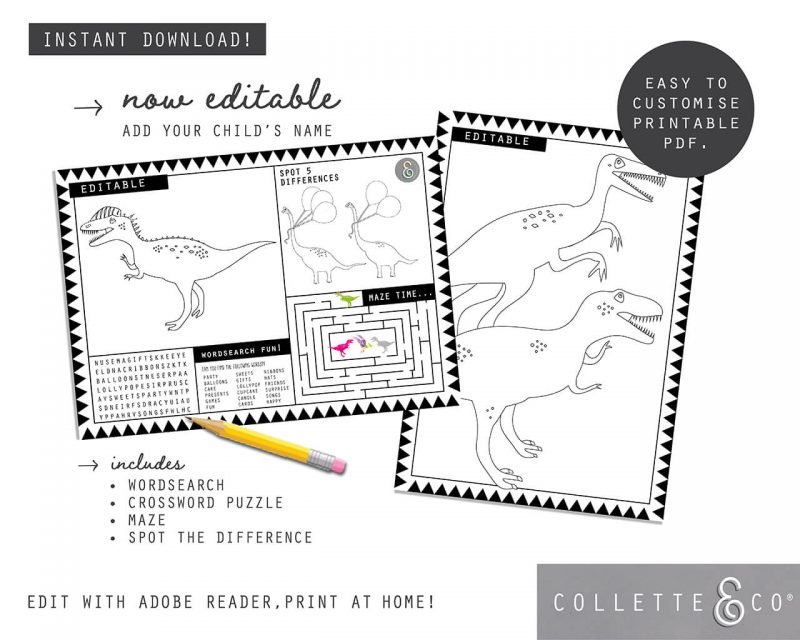 Printable girl dinosaur pink party activity sheets