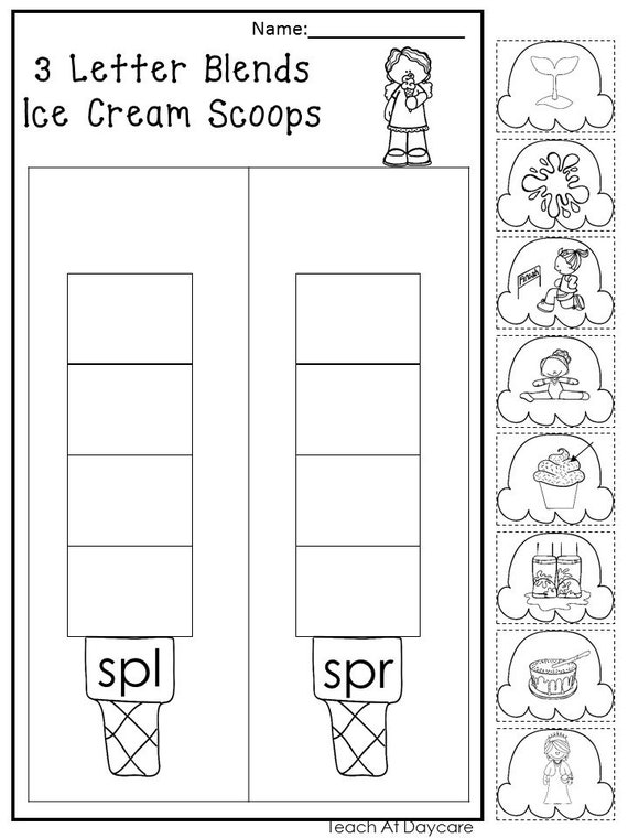 Printable letter blends and trigraphs ice cream worksheets kindergarten