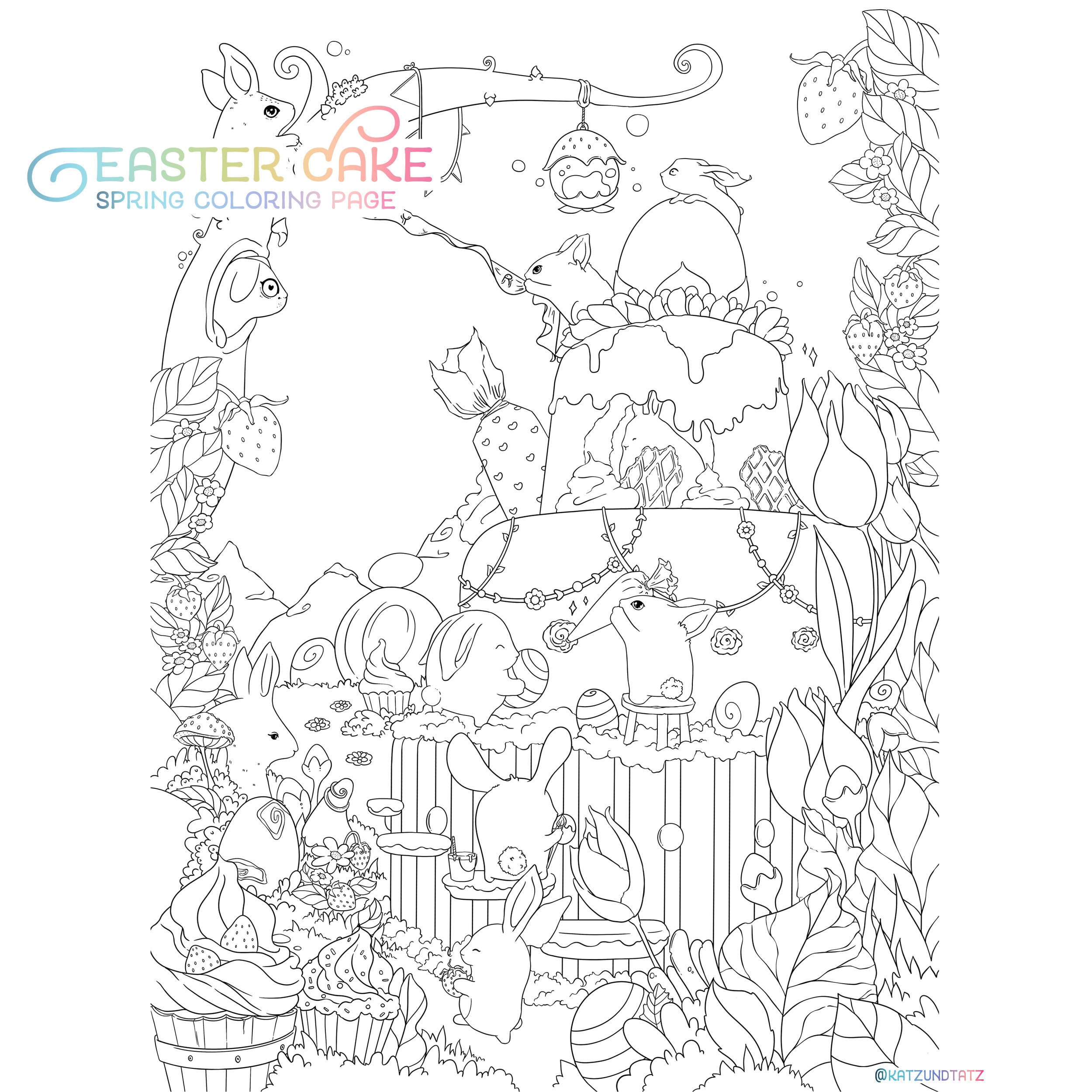 Easter coloring page cute bunnies spring adult coloring page cake eggs digi stamp kawaii doodle digital download pdf printable by jen katz