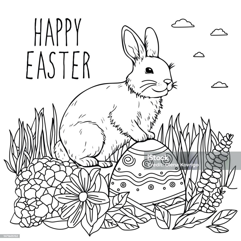 Spring rabbit coloring page for adult and children easter background with cute bunny and egg black and white vector illustration stock illustration