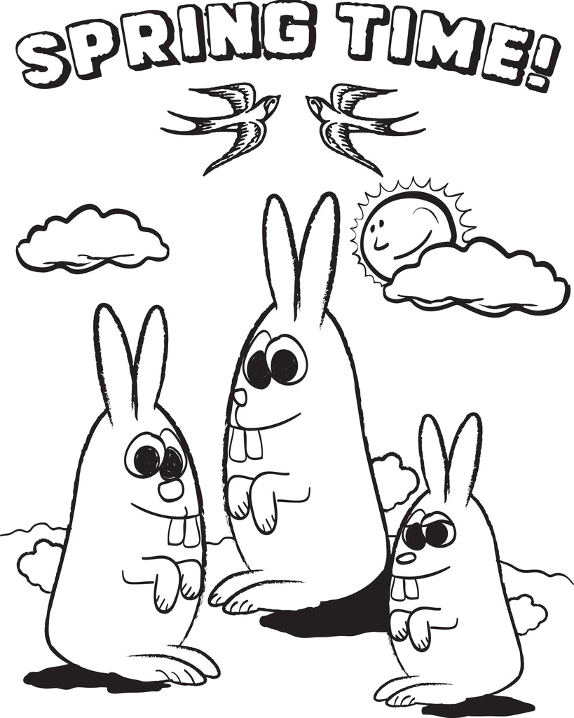 Printable cartoon bunnies spring coloring page for kids â