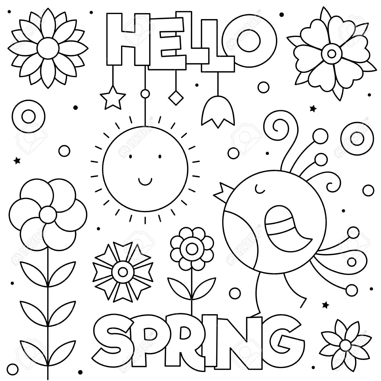 Hello spring coloring page black and white vector illustration bird and flowers royalty free svg cliparts vectors and stock illustration image