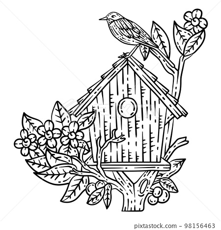 Bird house spring coloring page for adults