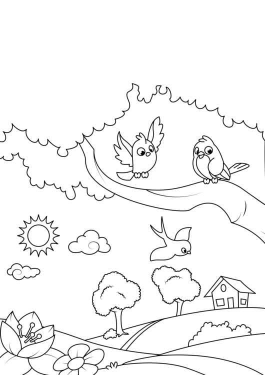 Coloring page spring birds in the garden