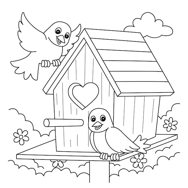 Premium vector spring birdhouse coloring page for kids