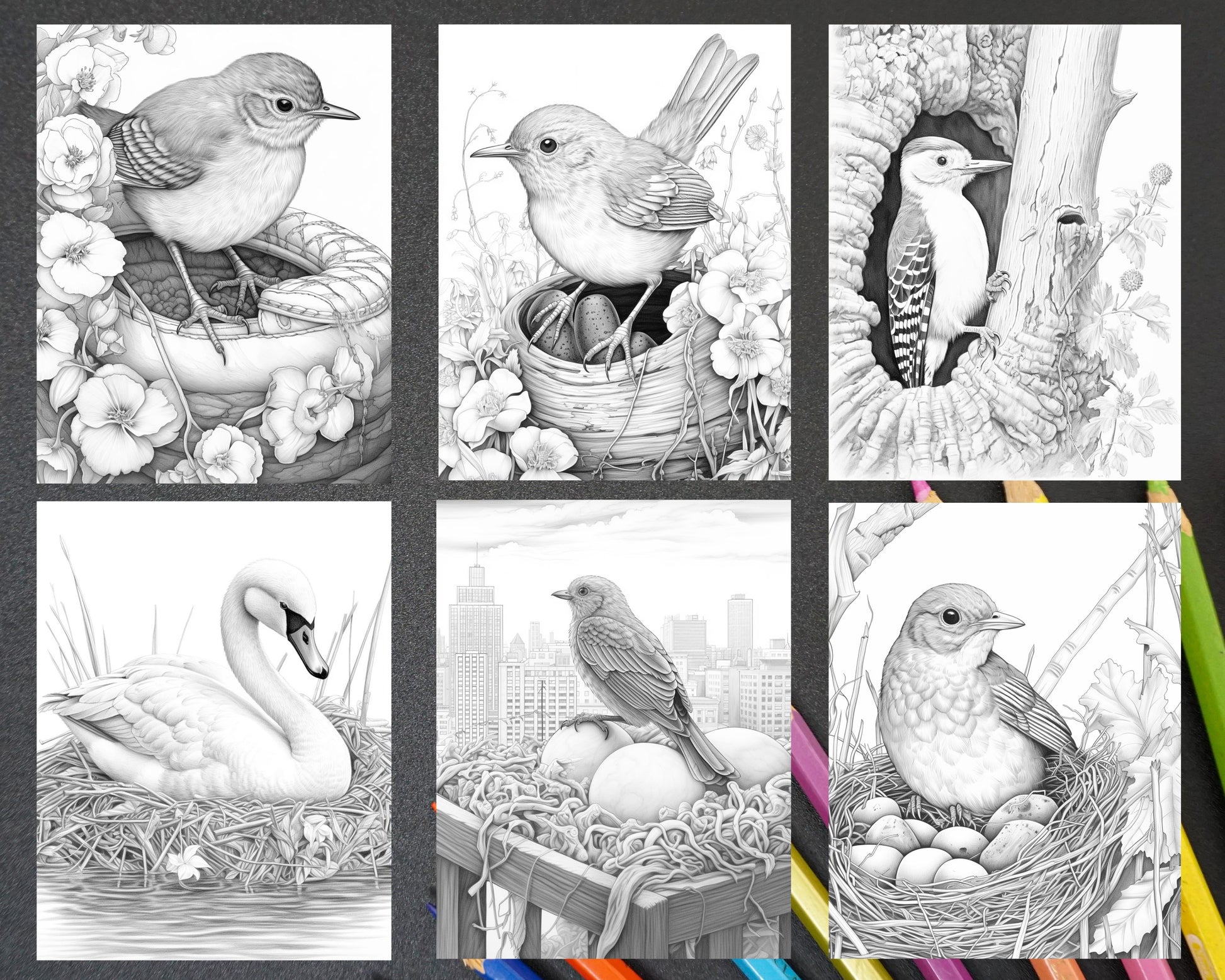 Spring birds grayscale adult coloring pages printable pdf instant â coloring