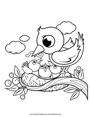 Mother and baby birds in a nest coloring page â free printable pdf from