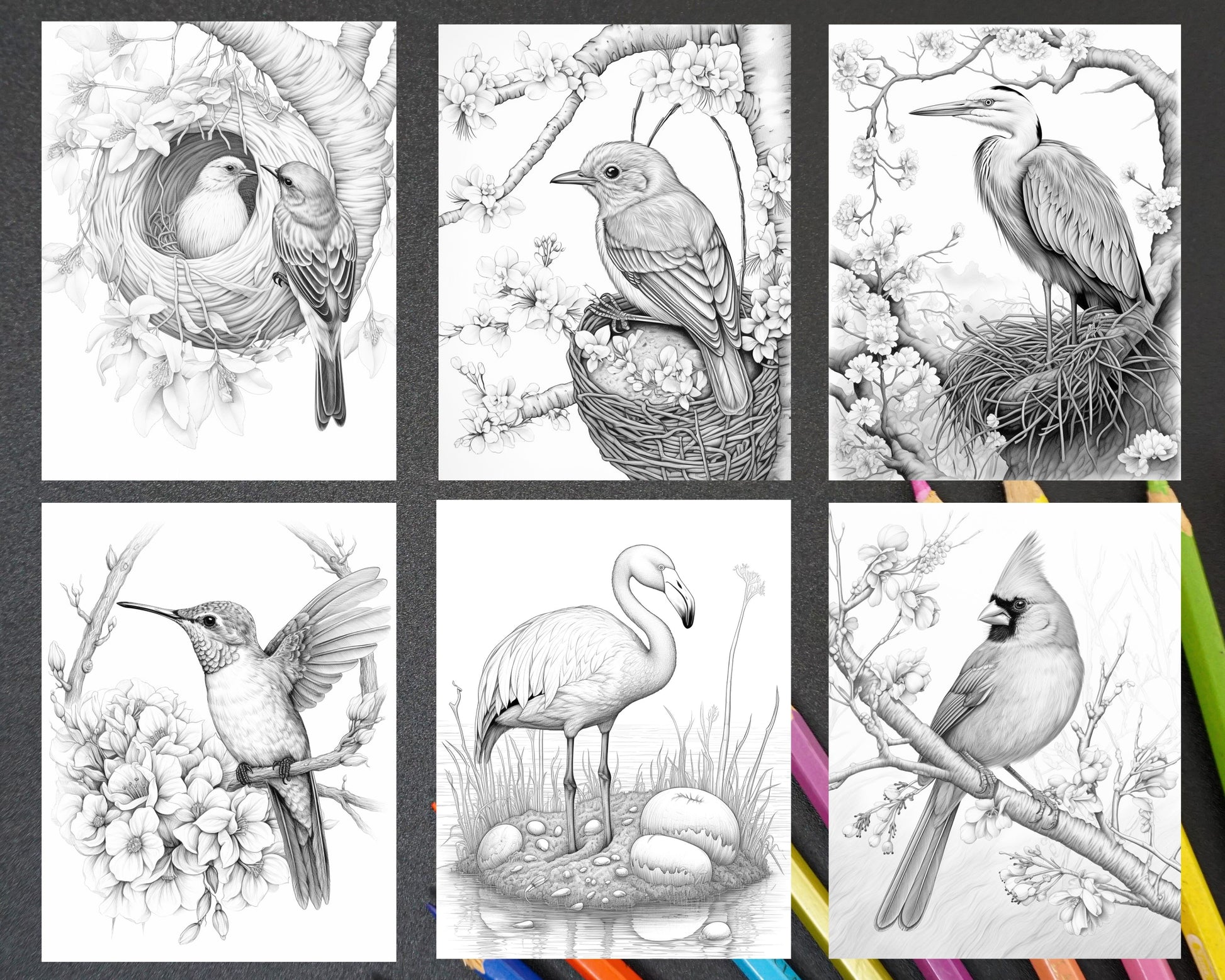 Spring birds grayscale adult coloring pages printable pdf instant â coloring