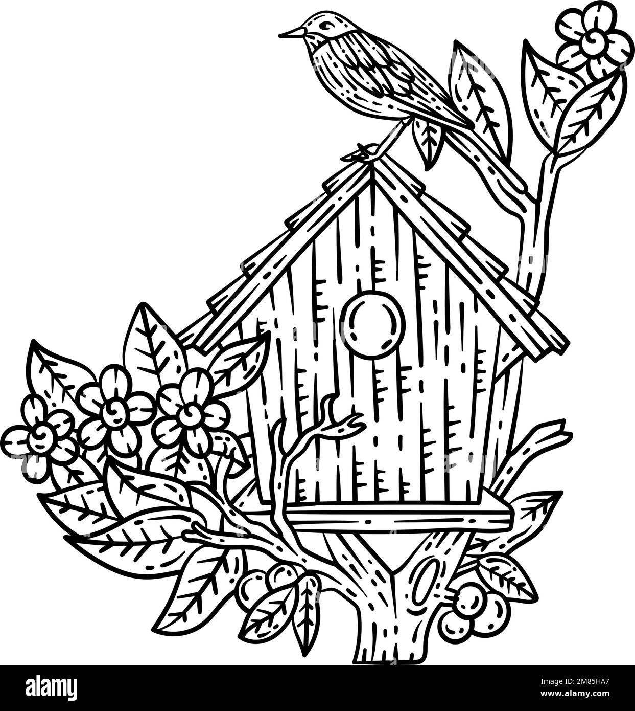 Bird house spring coloring page for adults stock vector image art