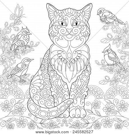 Cat spring birds vector photo free trial bigstock