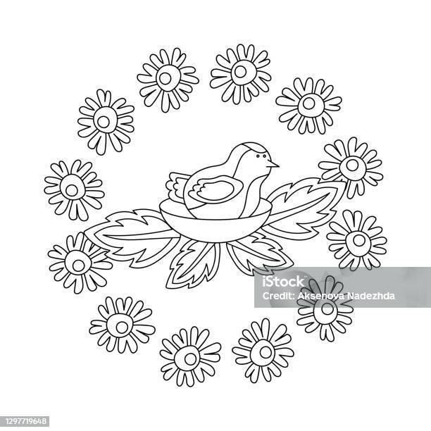 Childrens coloring book cute bird in the nest flowers spring or summer vector illustration stock illustration