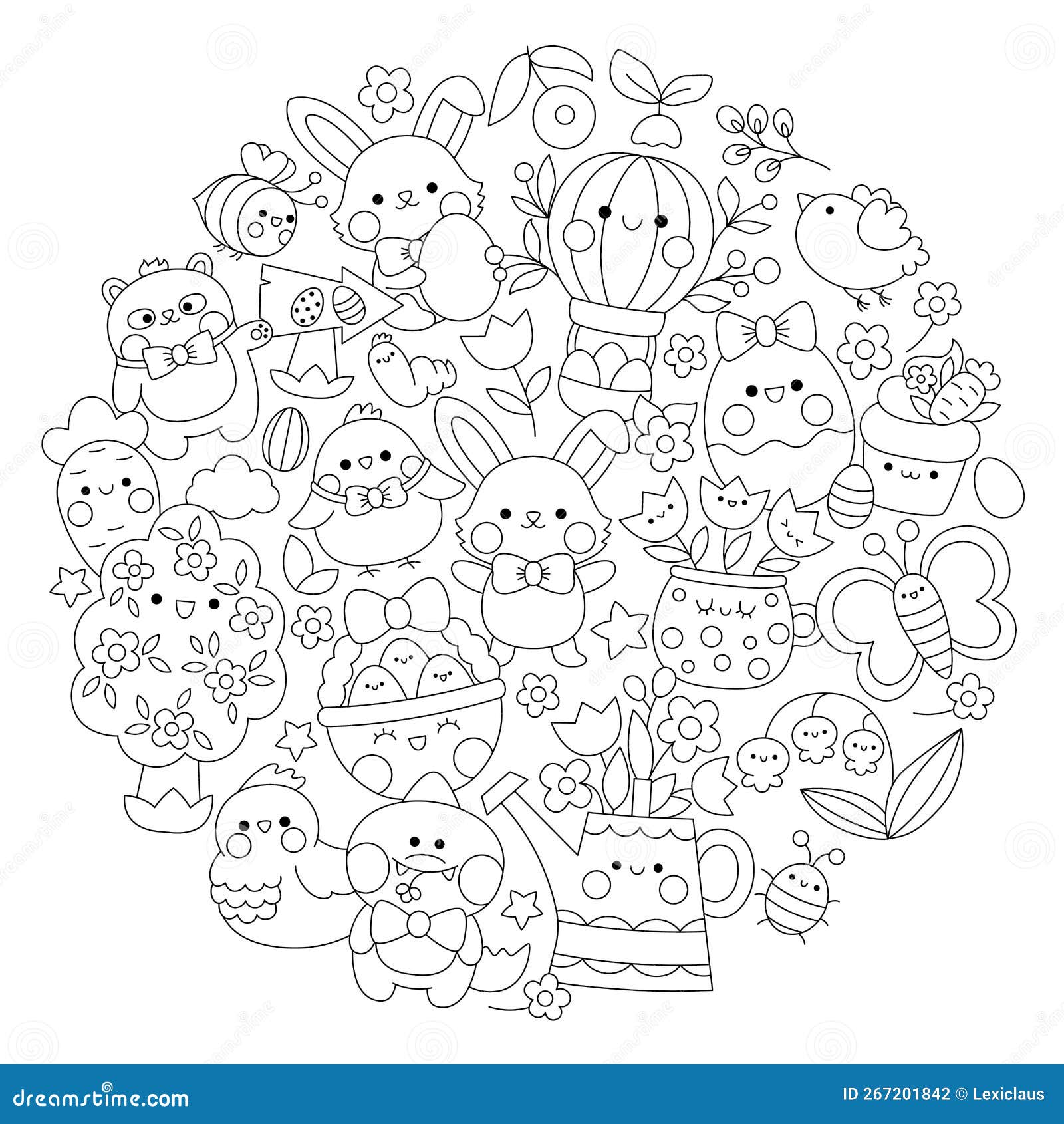 Vector easter round line coloring page for kids with cute kawaii characters black and white spring holiday illustration with stock vector