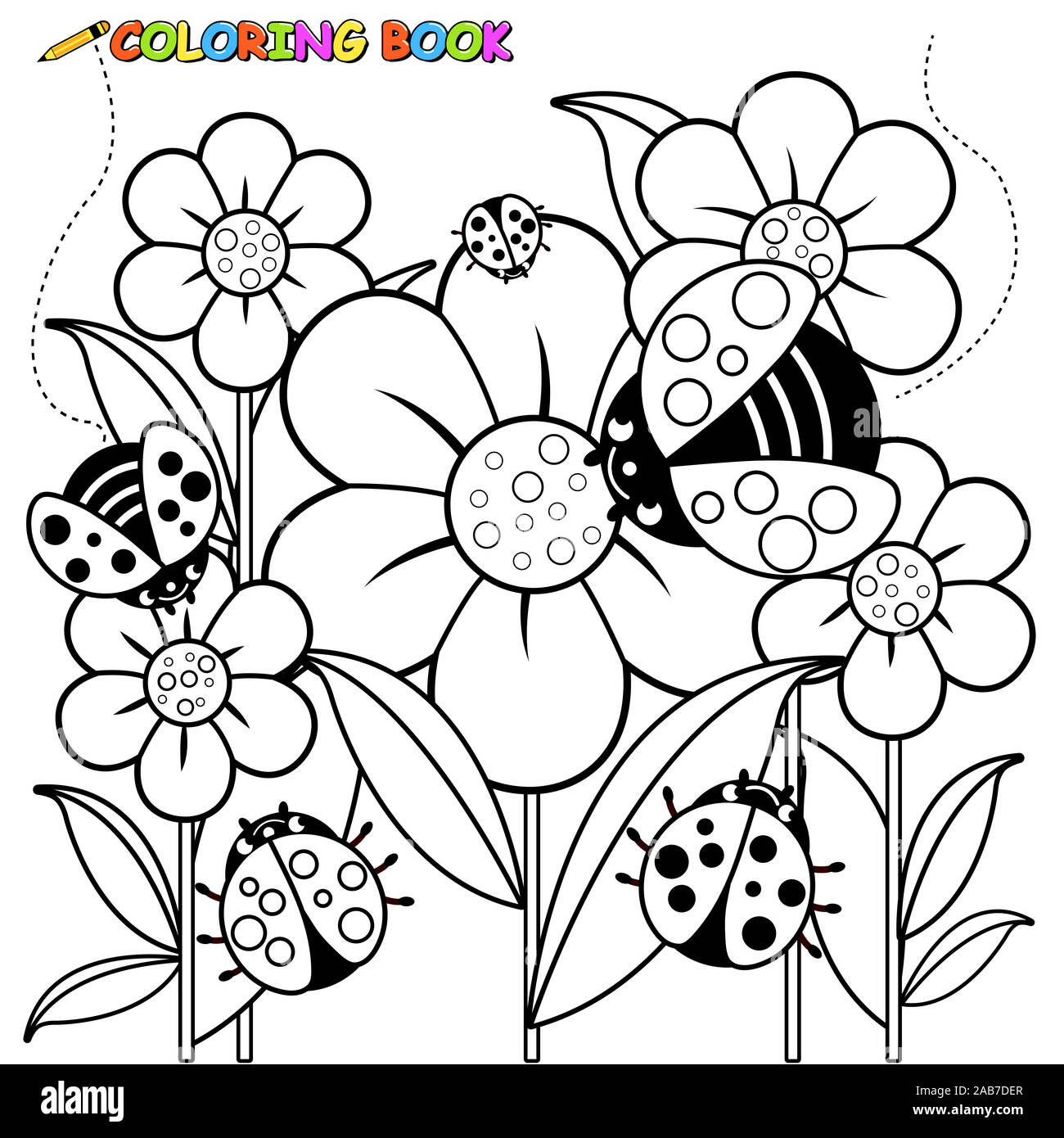 Ladybugs and flowers black and white coloring page stock photo