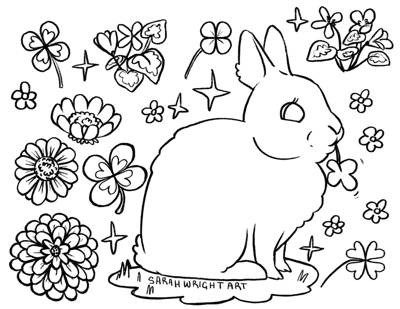 Printable spring bunny and clover coloring page