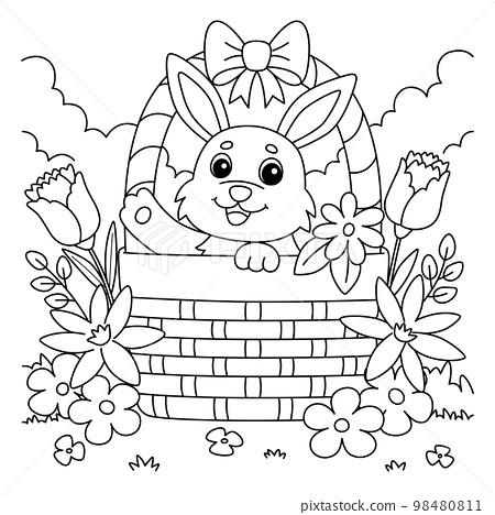 Spring rabbit inside the basket coloring page
