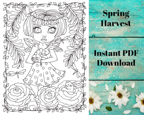 Spring harvest bunny girl coloring page instant download digital art easter art easter coloring pages adult coloring page