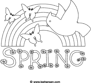 Spring coloring page rainbow bird and butterfly