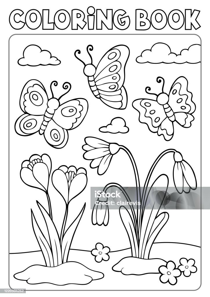 Coloring book spring flowers and butterflies stock illustration