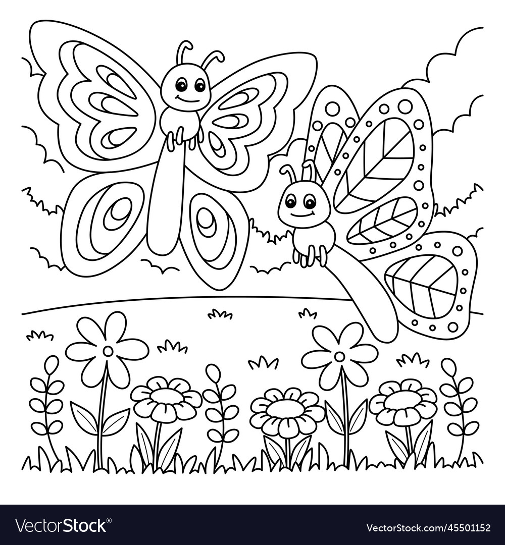 Spring two butterflies coloring page for kids vector image