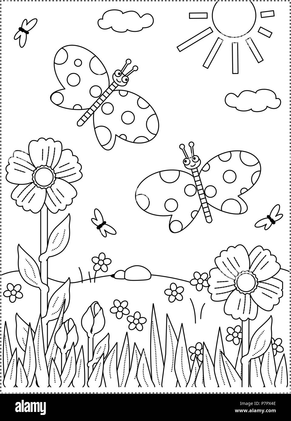 Spring or summer joy themed coloring page with butterflies flowers grass stock vector image art