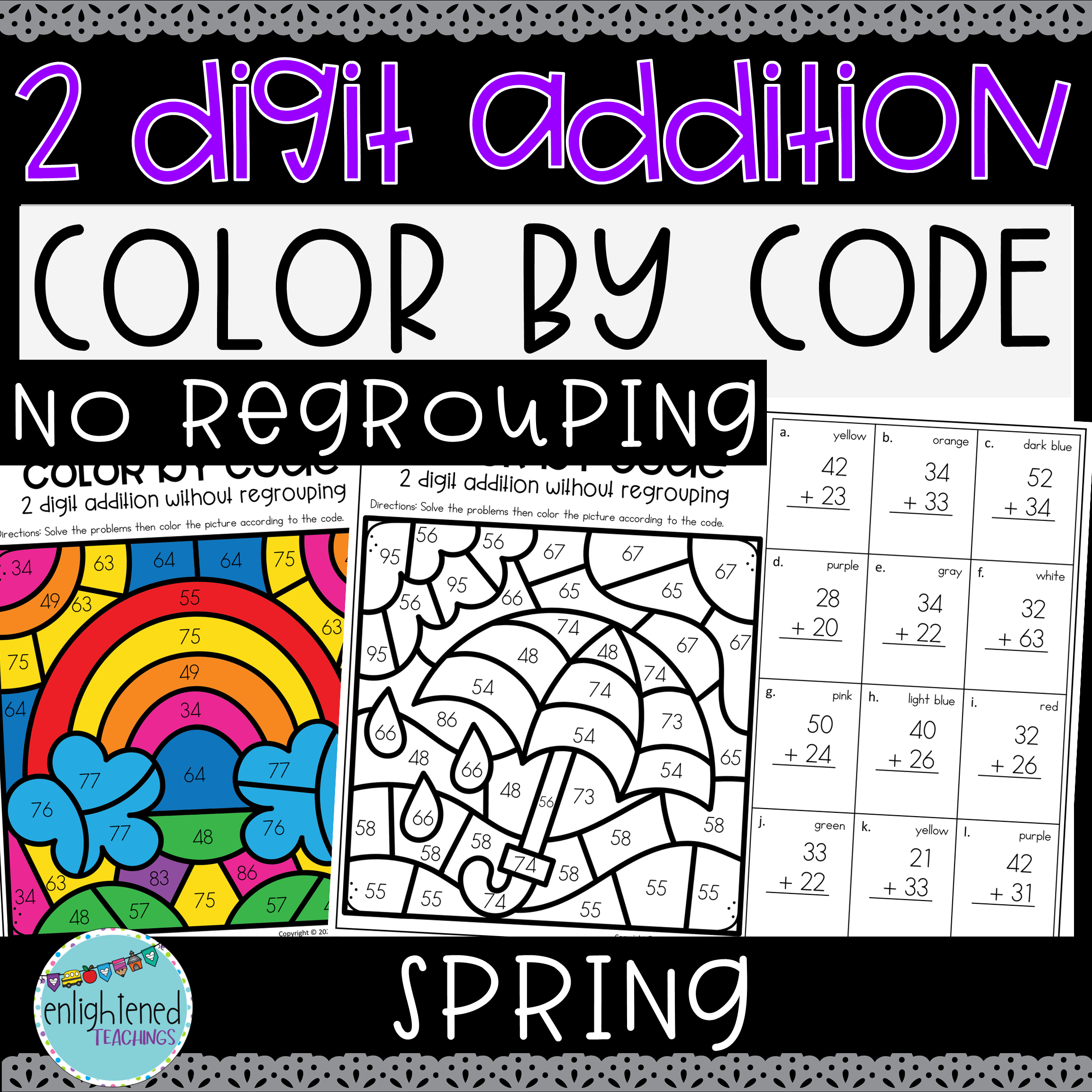 Spring digit addition without regrouping worksheet color by code made by teachers