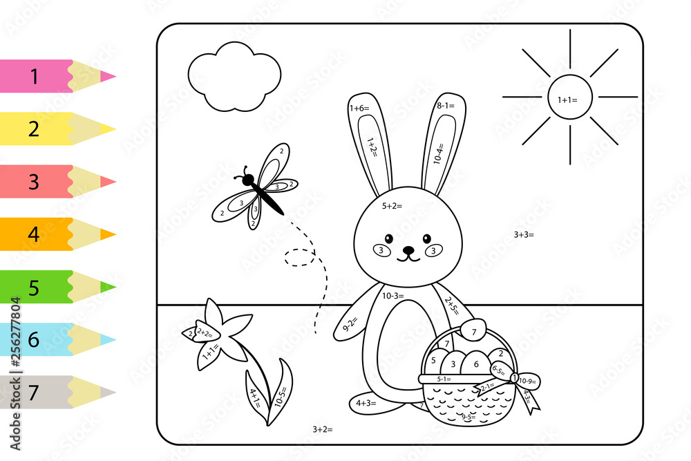 Educational coloring page for kids paint color by subtraction and addition numbers vector easter rabbit with basket of eggs spring theme vector