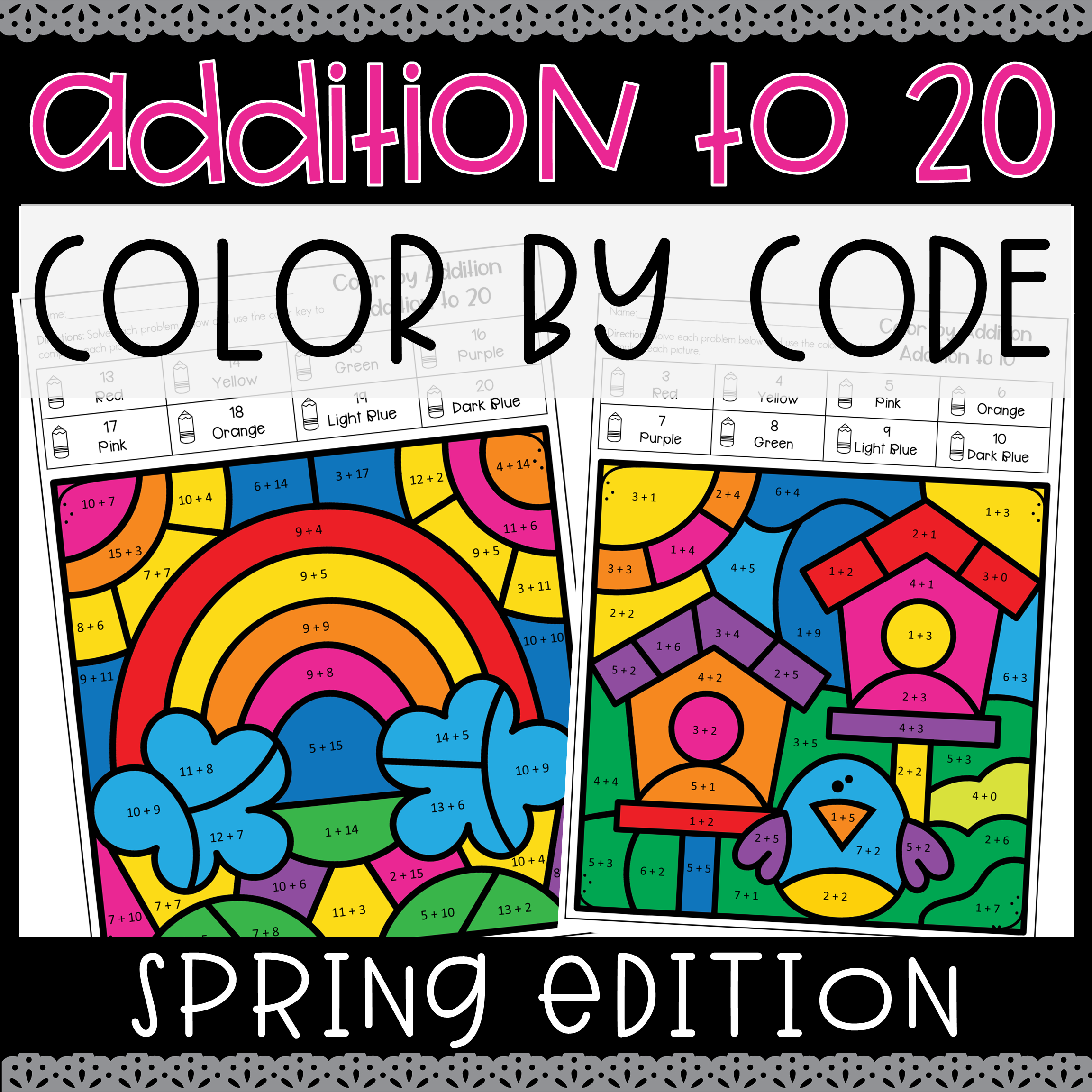 Spring addition to color by code number no prep coloring worksheets made by teachers