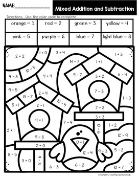 Spring color by number addition and subtraction