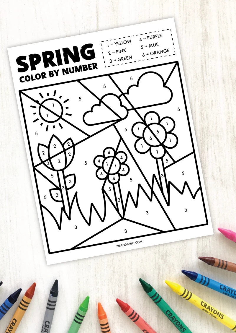 Free printable spring color by number worksheet