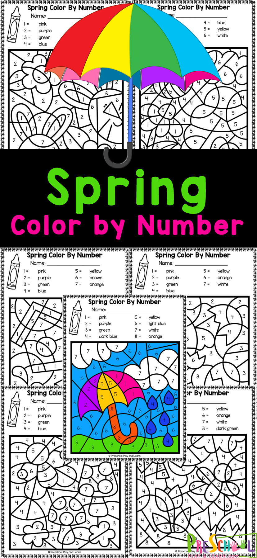 Free spring color by number printable worksheets for preschoolers