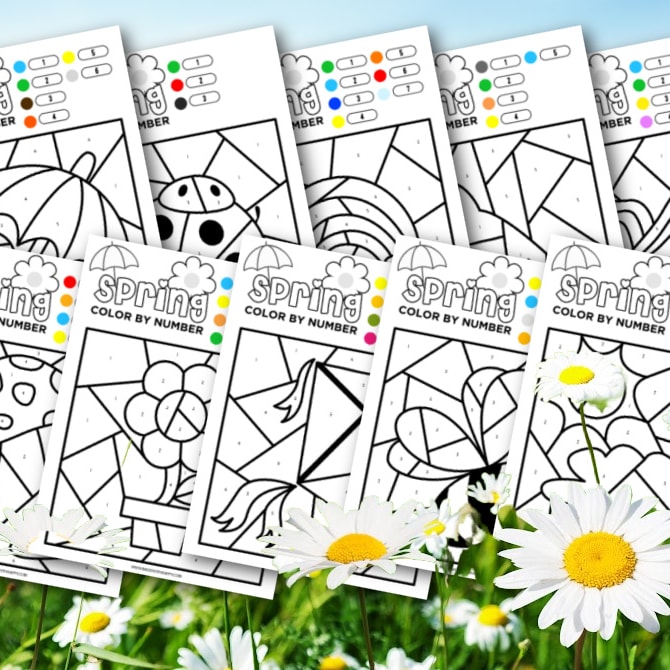 Free printable spring color by number worksheets