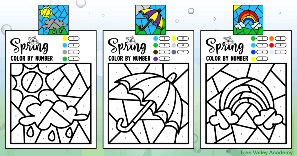 Spring color by number worksheets for preschoolers