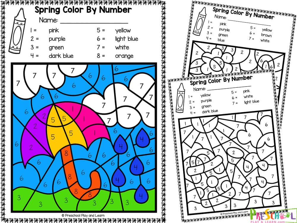 Free spring color by number printable worksheets for preschoolers