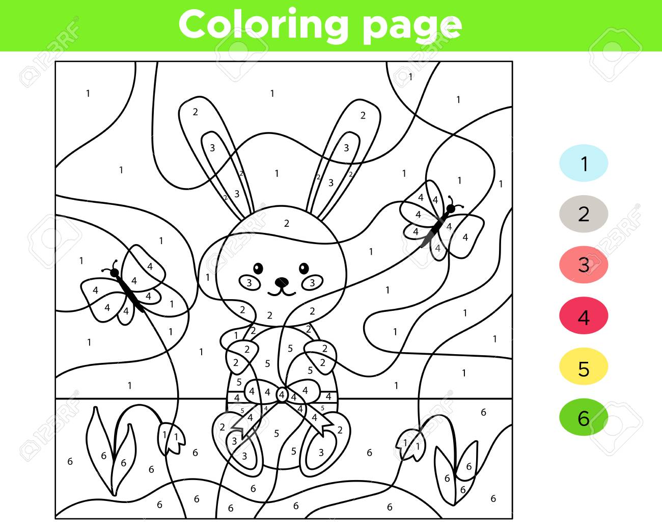 Educational number coloring page for kids vector kawaii rabbit with easter egg spring flowers