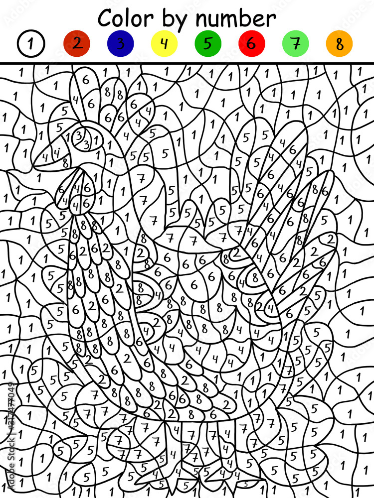 Rooster or hen color by number simple puzzle domestic bird easter handout printable game for kids math logical brainteaser cartoon chicken coloring page for spring children festival illustration