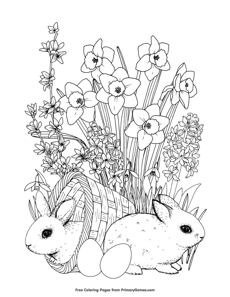 Bunnies and spring flowers coloring page â free printable ebook easter coloring book bunny coloring pages spring coloring pages