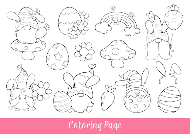 Premium vector draw coloring page of gnome for easter and spring