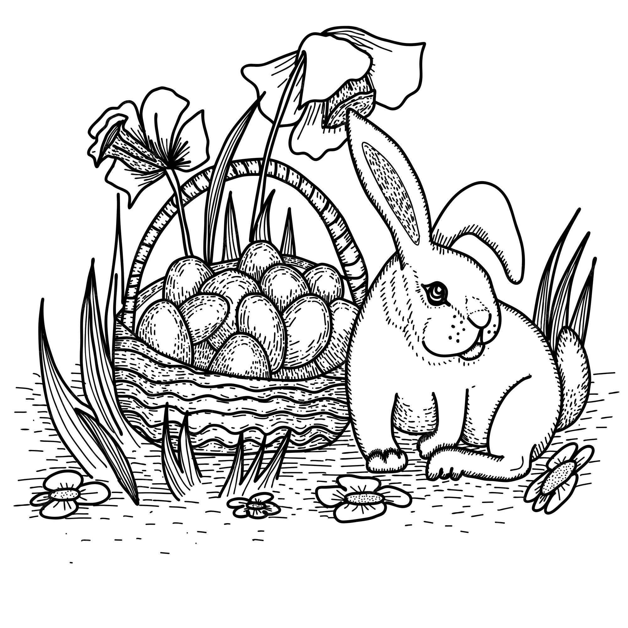 Premium vector happy easter day coloring page vector illustration of a cute little banny near the basket with easter eggs on a spring flowering meadow