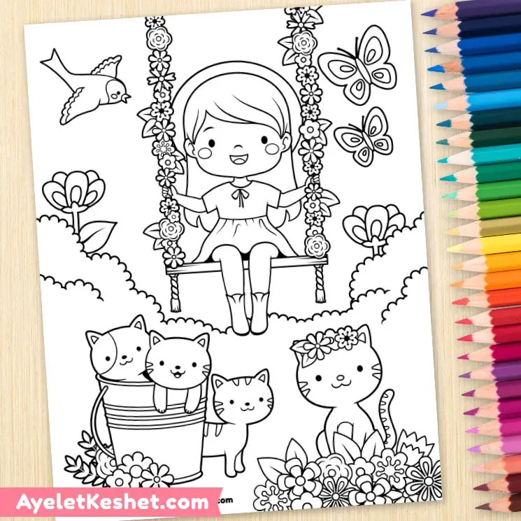 Spring coloring page freebie kawaii kitty garden