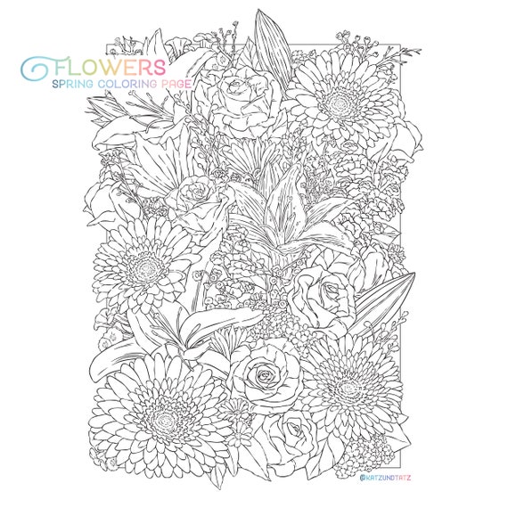 Flowers coloring page floral adult coloring page spring bouquet botanical lineart spring flower digital download pdf printable by jen katz instant download