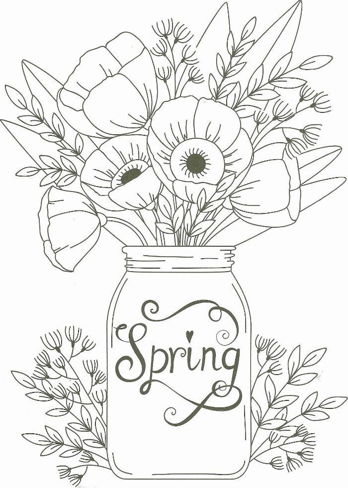 Jar filled with spring flowers free spring coloring pages spring written on the jar in cursâ flower coloring sheets spring coloring pages spring coloring sheets