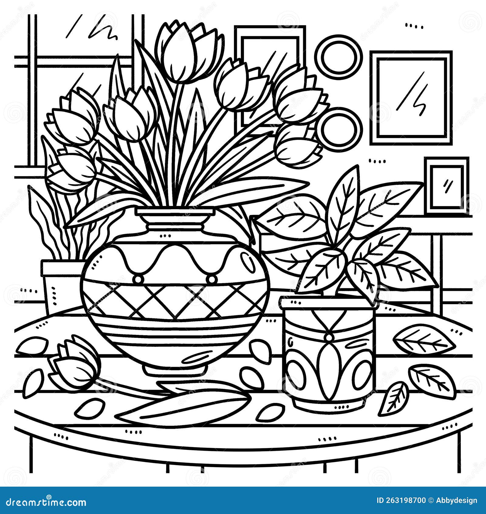 Spring flowers in a vase coloring page for kids stock vector