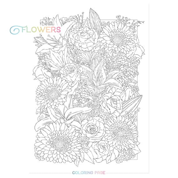 Flowers coloring page floral adult coloring page spring bouquet botanical lineart spring flower digital download pdf printable by jen katz instant download