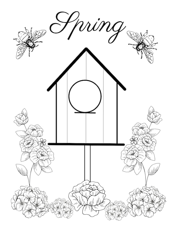 Coloring page spring coloring page birdhouse coloring children coloring instant download fun coloring sheet relaxing coloring page