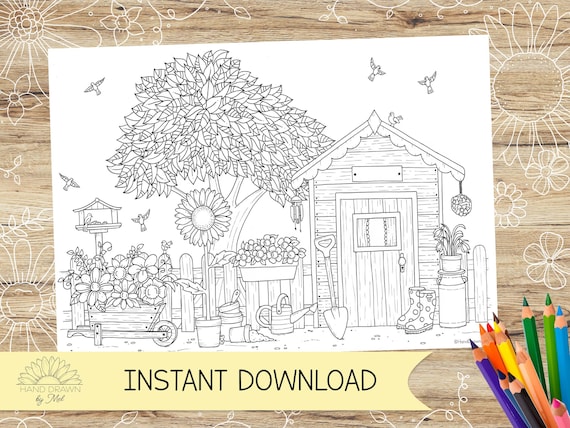 The garden colouring page for adults spring garden scene for