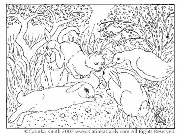 Cat bunnies animals watch egg hatch spring garden coloring pages pdf images page wall art print digital download printable catinka knoth