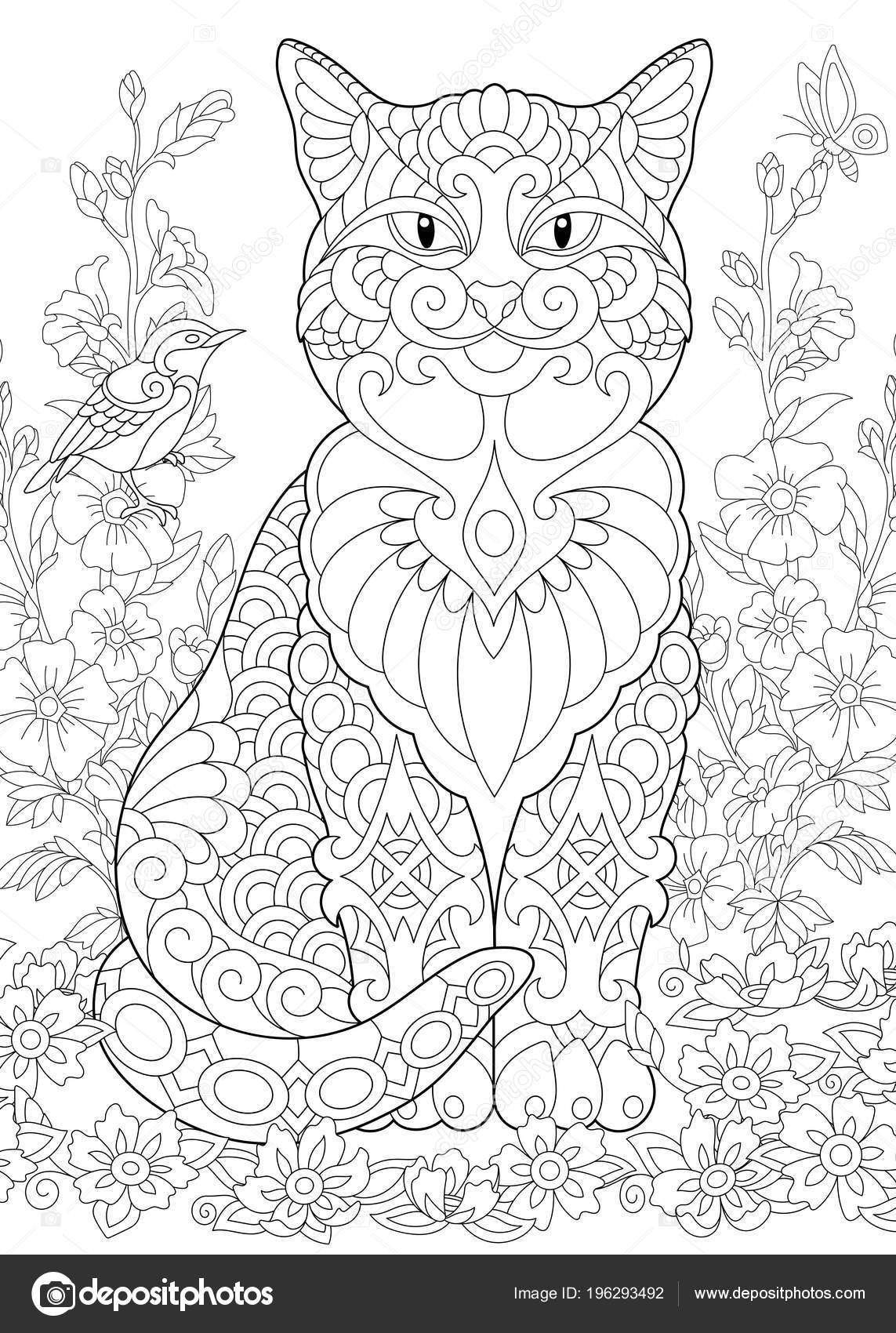 Cat spring garden coloring page adult coloring book idea antistress stock vector by sybirko