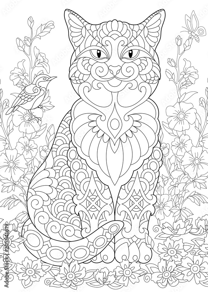 Cat spring garden coloring page adult coloring book idea vector