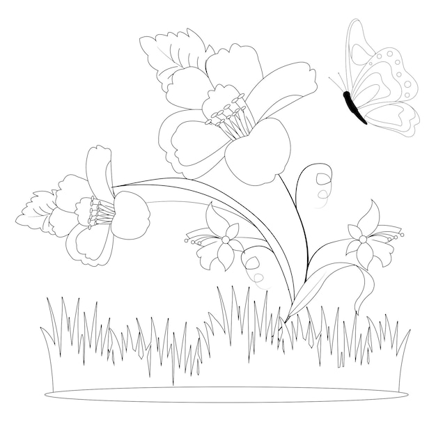 Premium vector coloring page of the handdrawn spring garden garden outline garden coloring spring flowers